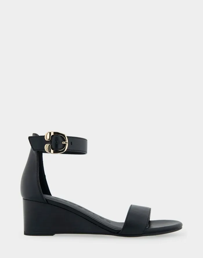 Aerosoles Comfortable Women039s Ankle Strap Mid Wedge Sandal In Black Faux Leather Black Faux Leather With Stacked Heel Women Wedges