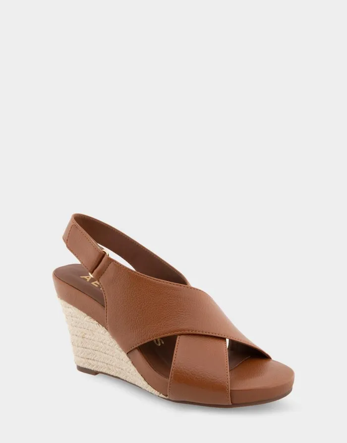 Aerosoles Comfortable Women039s Crisscross Velcro Back Footbed Wedge Sandal In Tan Faux Leather Tan Faux Leather Women Wide Width Sandals