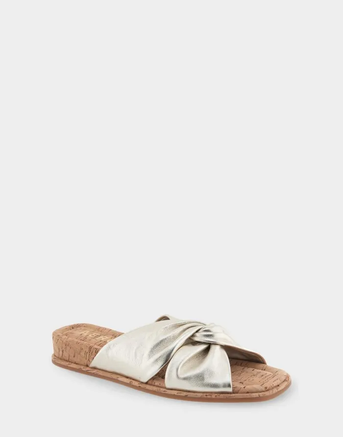 Aerosoles Comfortable Women039s Knotted Mini Wedge Slide Sandal In Soft Gold Leather Soft Gold Leather Women Clogs and Mules