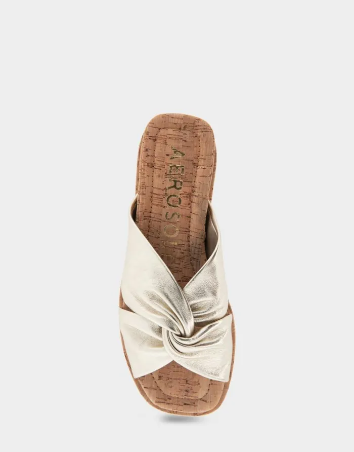 Aerosoles Comfortable Women039s Knotted Mini Wedge Slide Sandal In Soft Gold Leather Soft Gold Leather Women Clogs and Mules