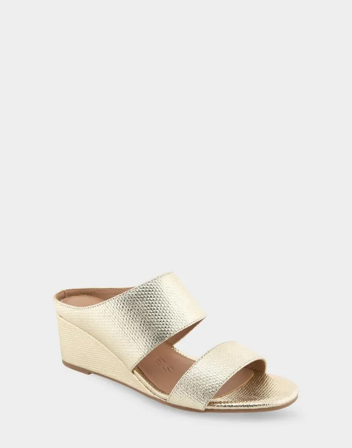 Aerosoles Comfortable Women039s Two Band Mid Wedge Slide Sandal In Soft Gold Canvas Faux Leather Soft Gold Canvas Faux Leather Women Dress