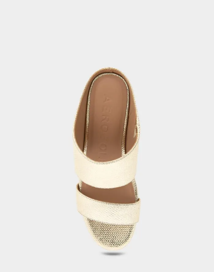 Aerosoles Comfortable Women039s Two Band Mid Wedge Slide Sandal In Soft Gold Canvas Faux Leather Soft Gold Canvas Faux Leather Women Dress