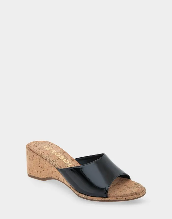 Aerosoles Comfortable Women039s Wedge Slide Sandal In Black Patent Faux Leather Black Patent Faux Leather Women Slides