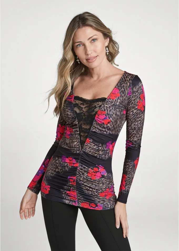 ANIMAL PRINT LACE TOP Black Multi Women VENUS Night Out Tops