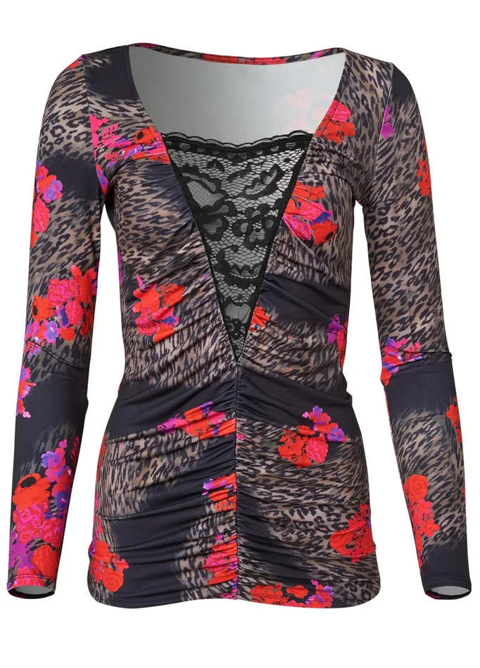ANIMAL PRINT LACE TOP Black Multi Women VENUS Night Out Tops