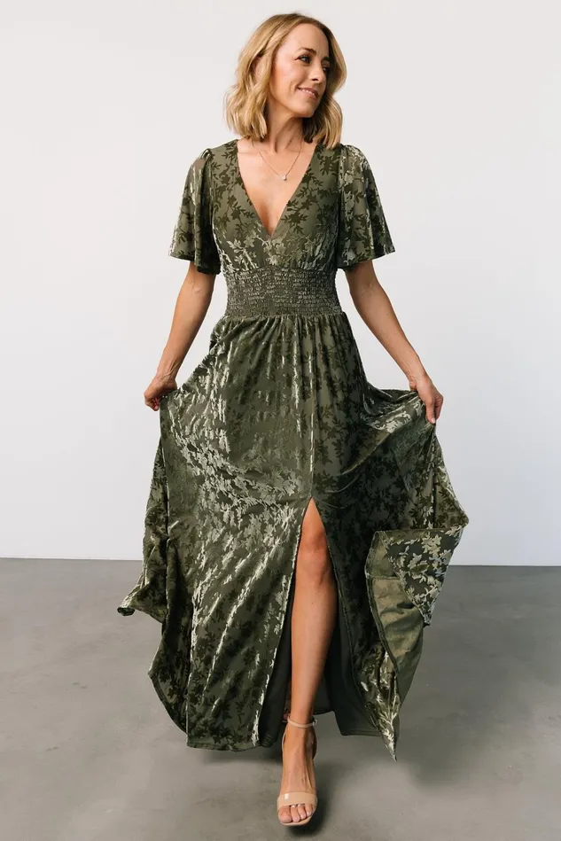 Baltic Born Bump Friendly Women Veronica Velvet Maxi Dress Dark Sage