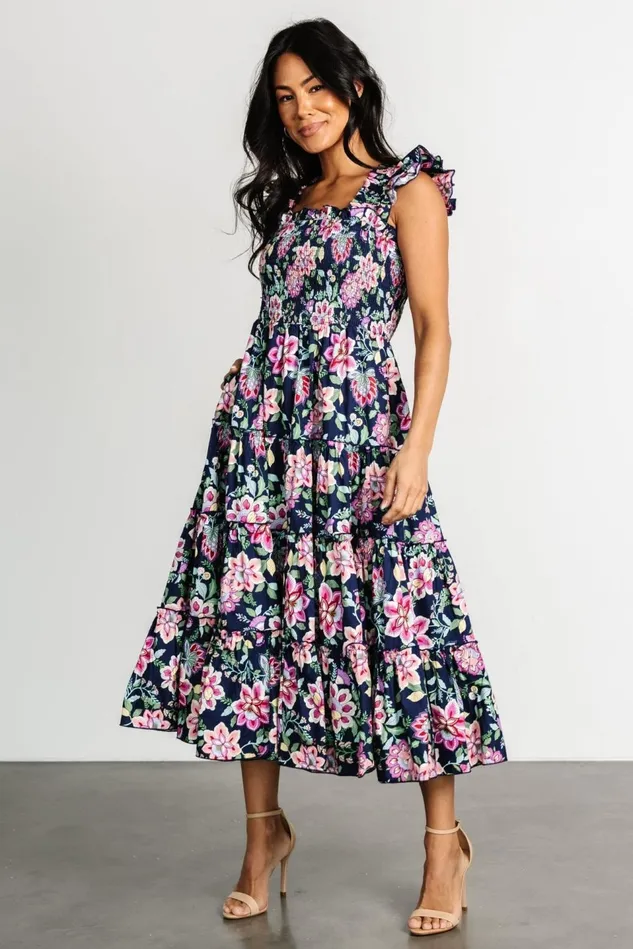 Baltic Born Midi Dresses Women Tatum Smocked Tiered Dress Navy Multi