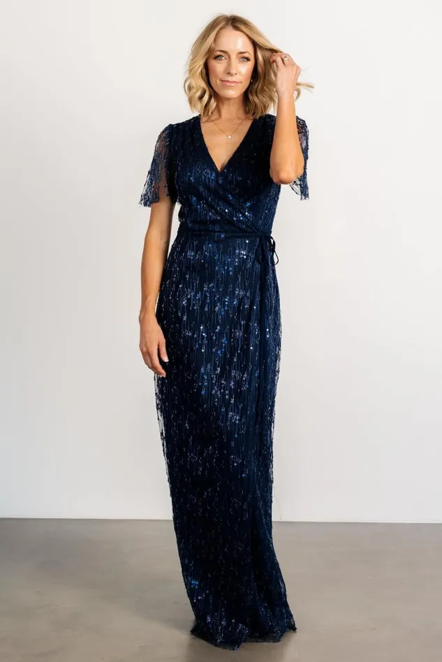 Baltic Born Tulle Styles Women Liza Sequin Wrap Maxi Dress Navy