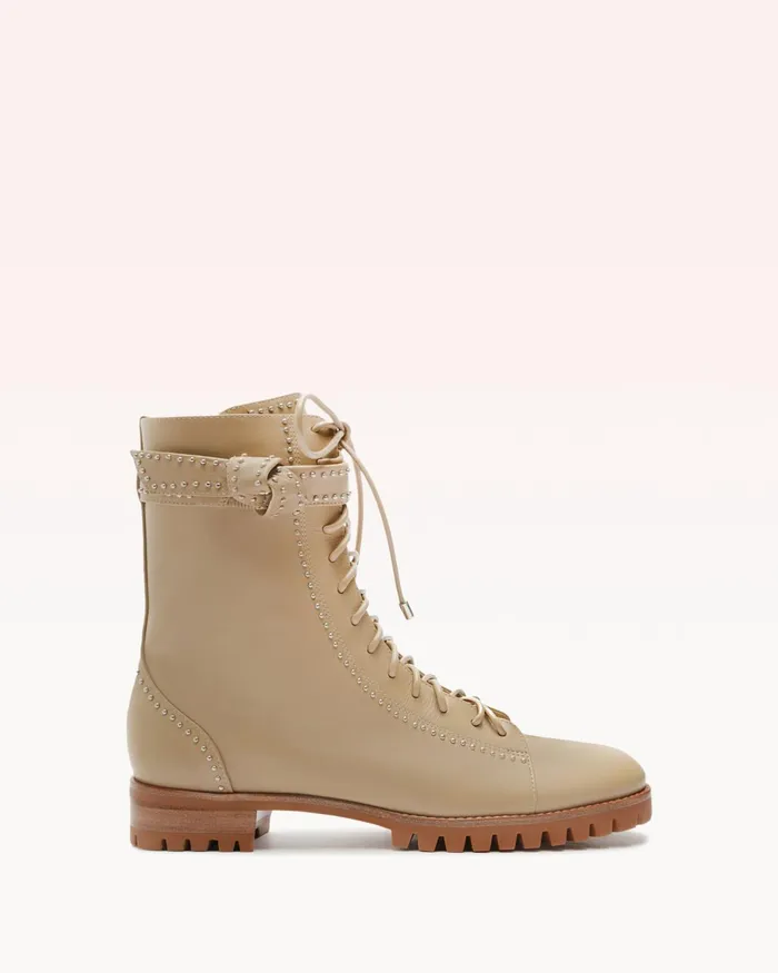 Boots Women Alexandre Birman Evelyn Studded Combat Boots 8211 Beige Lace Up Booties Semolina