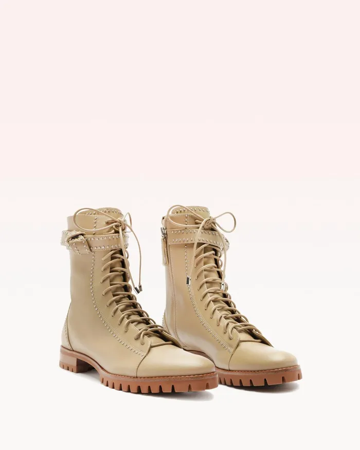 Boots Women Alexandre Birman Evelyn Studded Combat Boots 8211 Beige Lace Up Booties Semolina