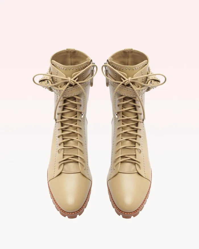Boots Women Alexandre Birman Evelyn Studded Combat Boots 8211 Beige Lace Up Booties Semolina
