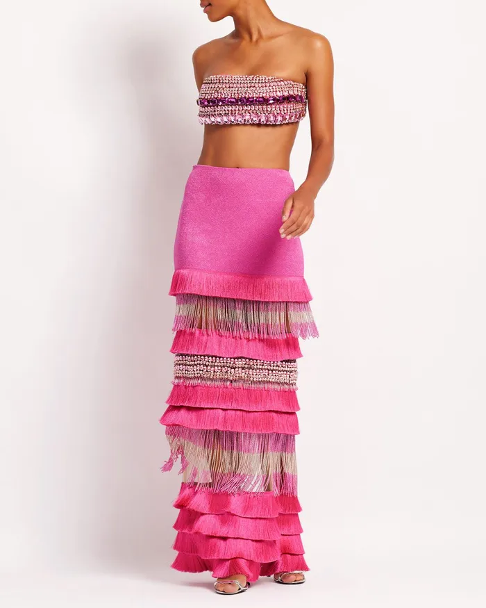 Bottoms Women PatBO HANDBEADED FRINGE TRIM MAXI SKIRT EXCLUSIVE