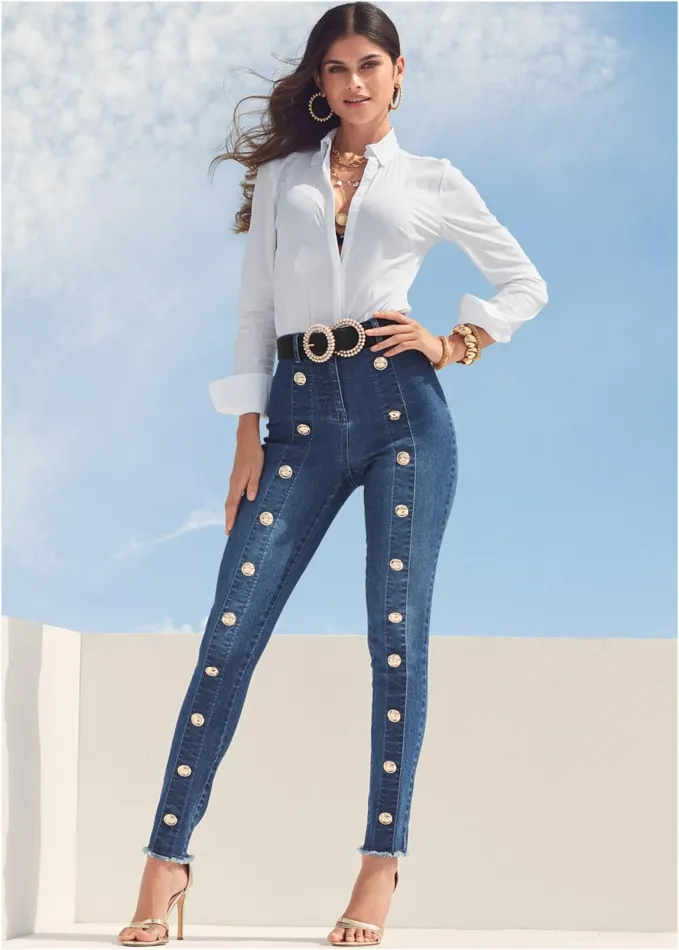 BUTTON DETAIL SKINNY JEANS Medium Wash Women VENUS Novelty Jeans