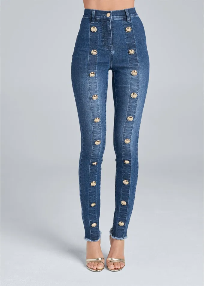 BUTTON DETAIL SKINNY JEANS Medium Wash Women VENUS Novelty Jeans