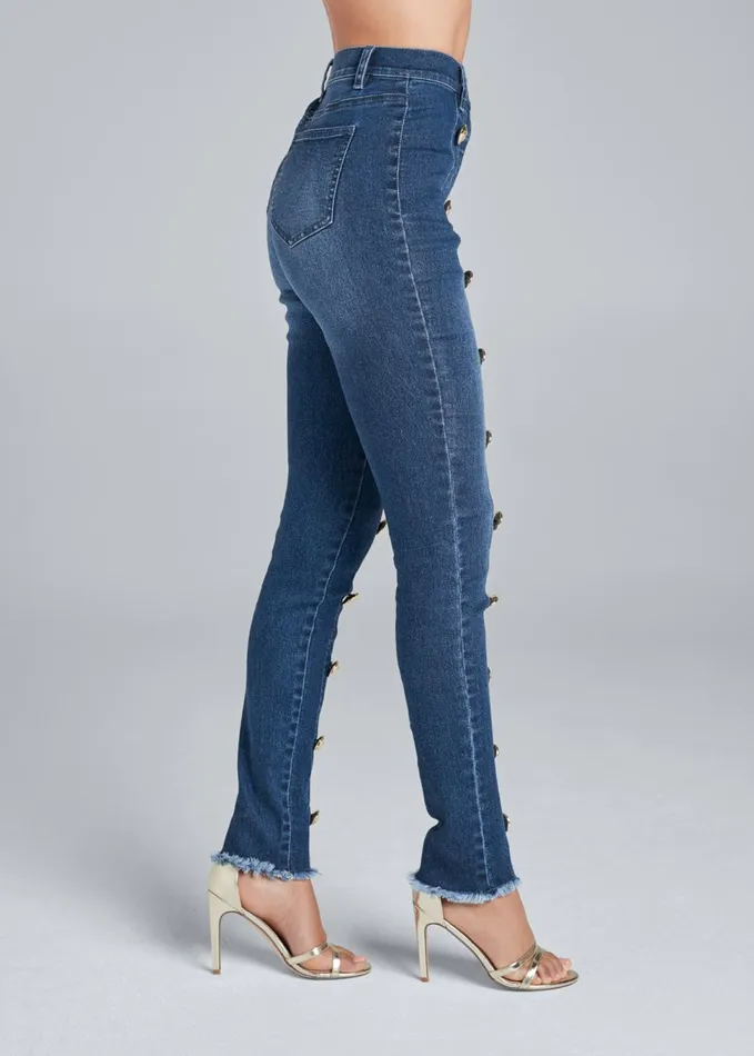 BUTTON DETAIL SKINNY JEANS Medium Wash Women VENUS Novelty Jeans