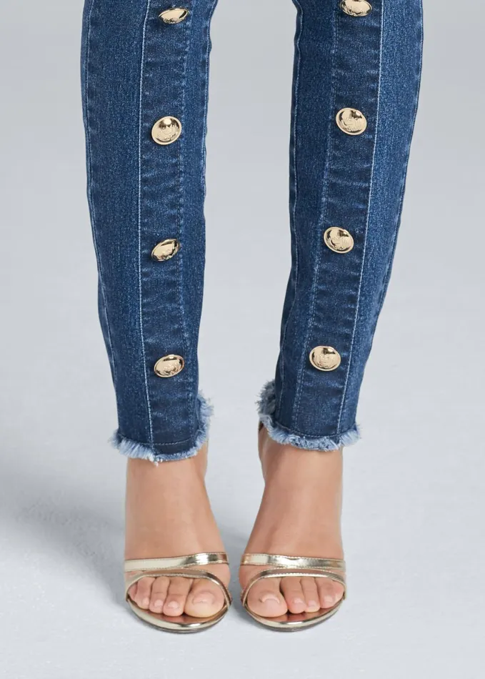 BUTTON DETAIL SKINNY JEANS Medium Wash Women VENUS Novelty Jeans