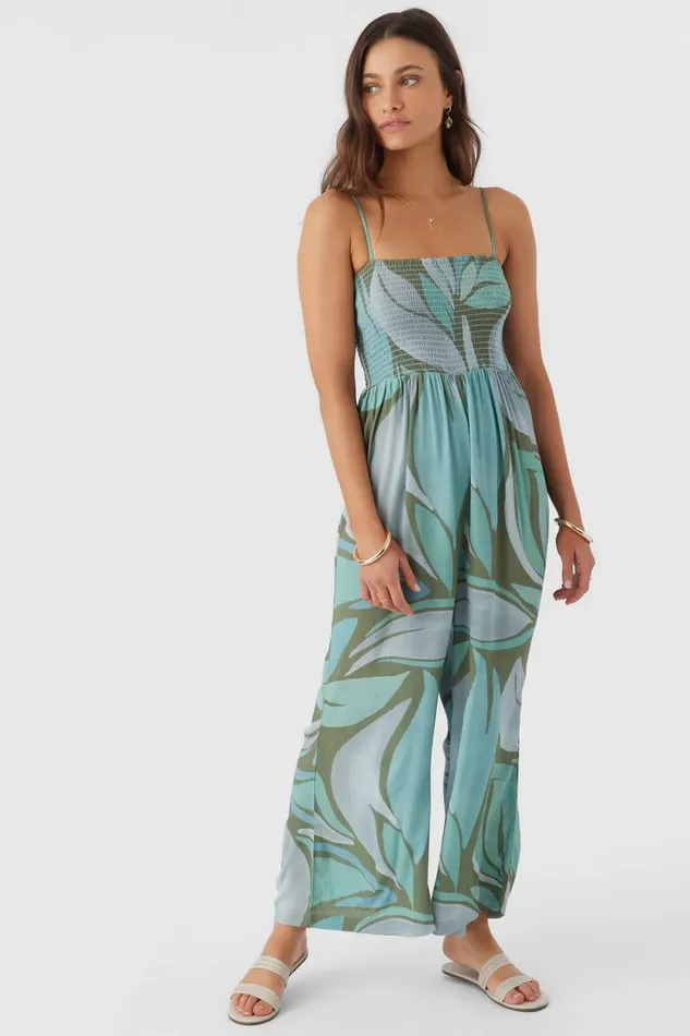CADE LORETA PRINT SMOCKED JUMPSUIT Oil Green Women O039NEILL Clothing