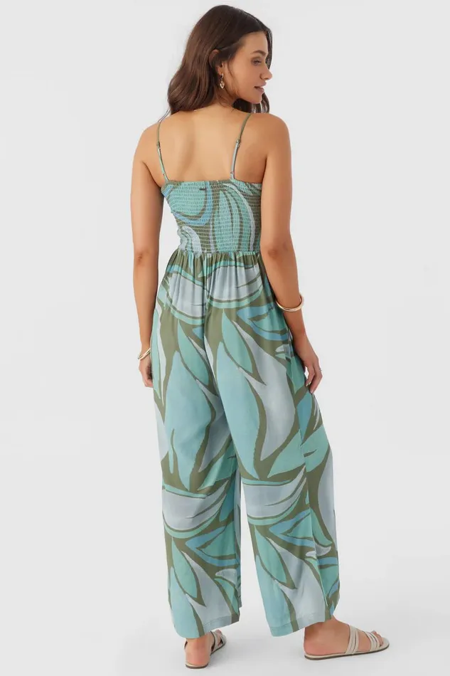 CADE LORETA PRINT SMOCKED JUMPSUIT Oil Green Women O039NEILL Clothing