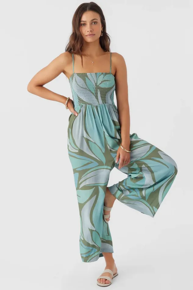 CADE LORETA PRINT SMOCKED JUMPSUIT Oil Green Women O039NEILL Clothing