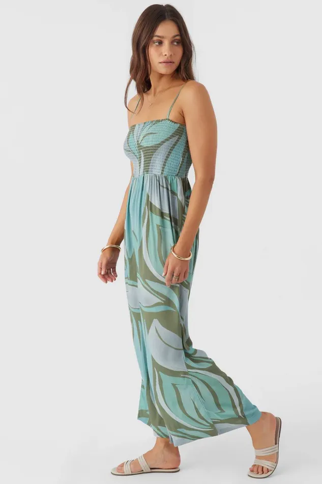 CADE LORETA PRINT SMOCKED JUMPSUIT Oil Green Women O039NEILL Clothing
