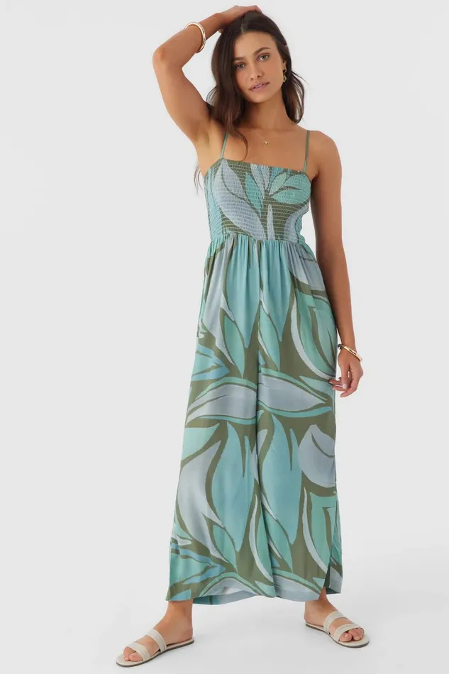 CADE LORETA PRINT SMOCKED JUMPSUIT Oil Green Women O039NEILL Clothing