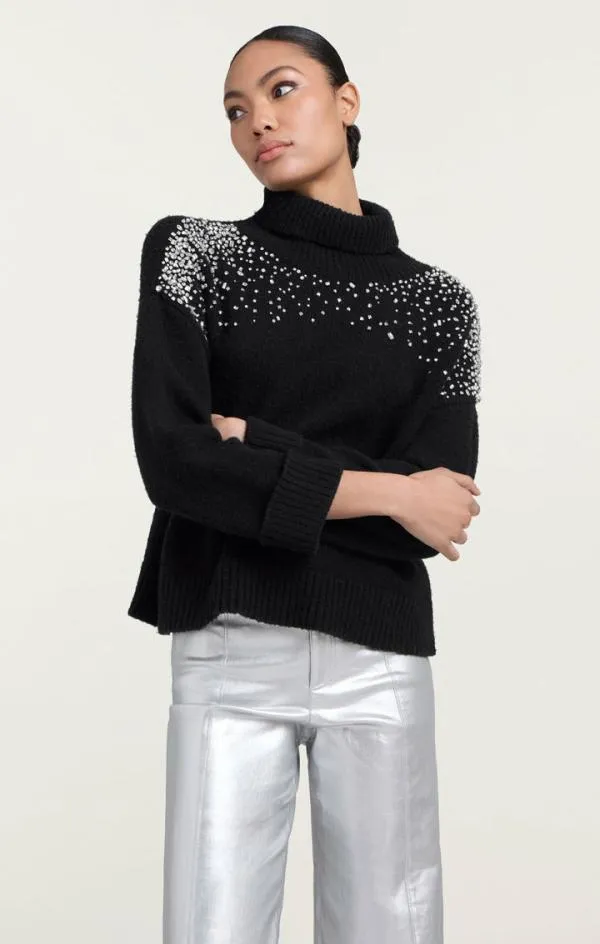 Cinq Sept Rhinestone Crackle Embellished Alani Turtleneck Black Women Long Sleeve Tops Cinq Sept Rhinestone Crackle Embellished Alani Turtleneck Black Women Long Sleeve Tops