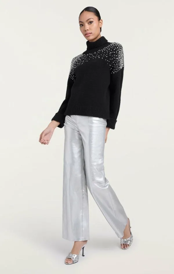 Cinq Sept Rhinestone Crackle Embellished Alani Turtleneck Black Women Long Sleeve Tops