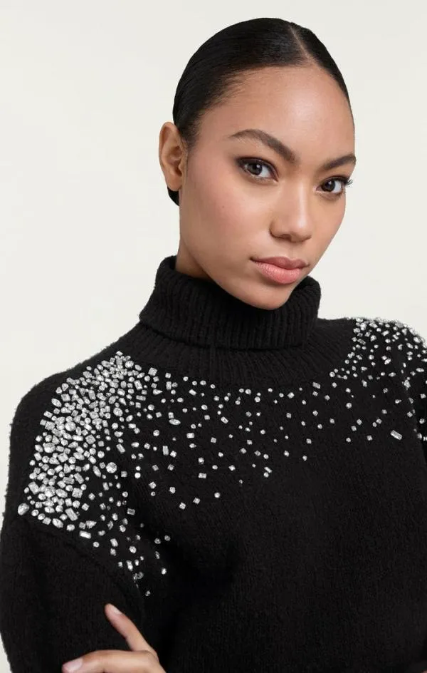 Cinq Sept Rhinestone Crackle Embellished Alani Turtleneck Black Women Long Sleeve Tops