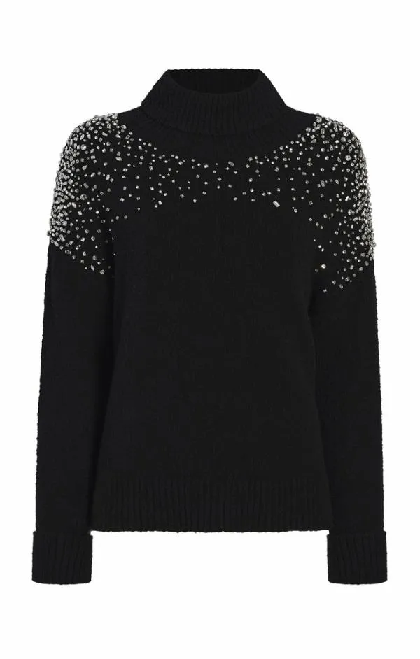 Cinq Sept Rhinestone Crackle Embellished Alani Turtleneck Black Women Long Sleeve Tops
