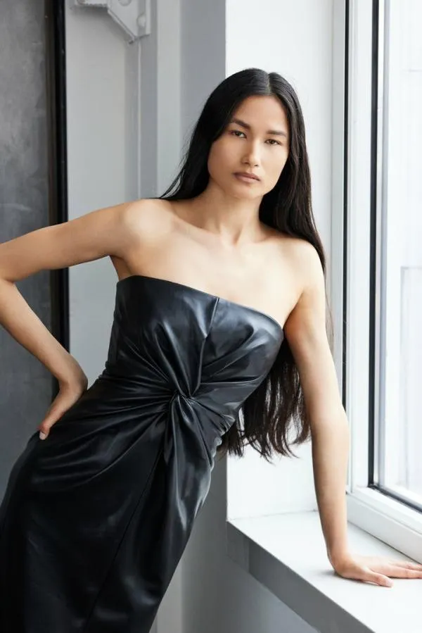 Cinq Sept Vegan Leather Strapless Mckenna Dress Black Women Midi