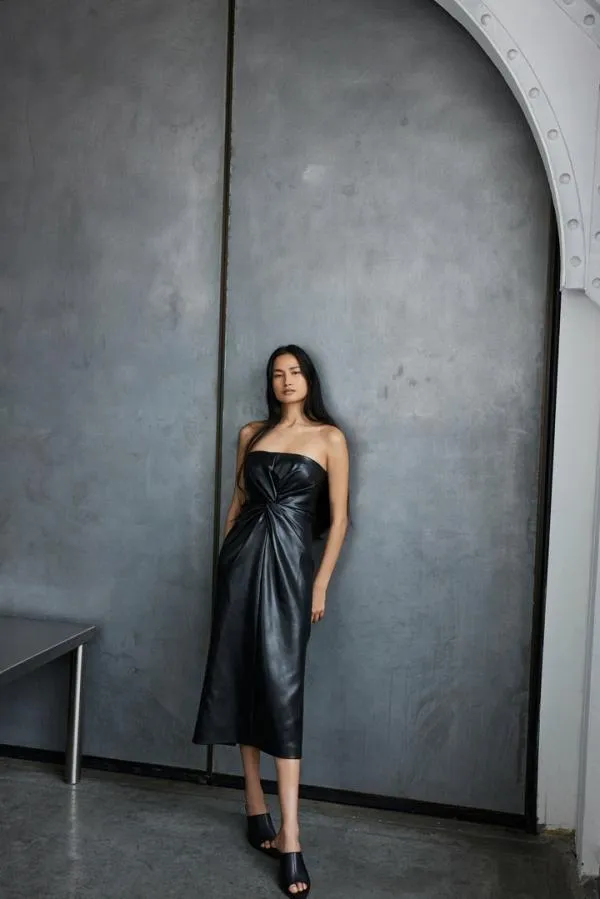 Cinq Sept Vegan Leather Strapless Mckenna Dress Black Women Midi