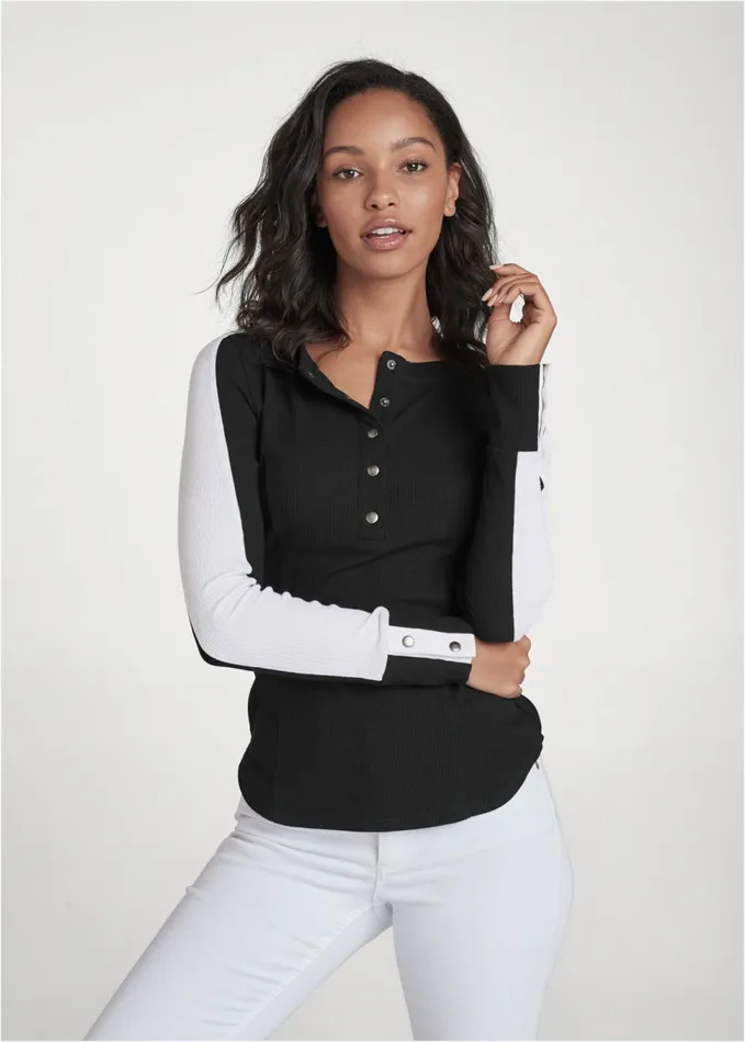 COLOR BLOCK HENLEY TOP Black and White Women VENUS Tops