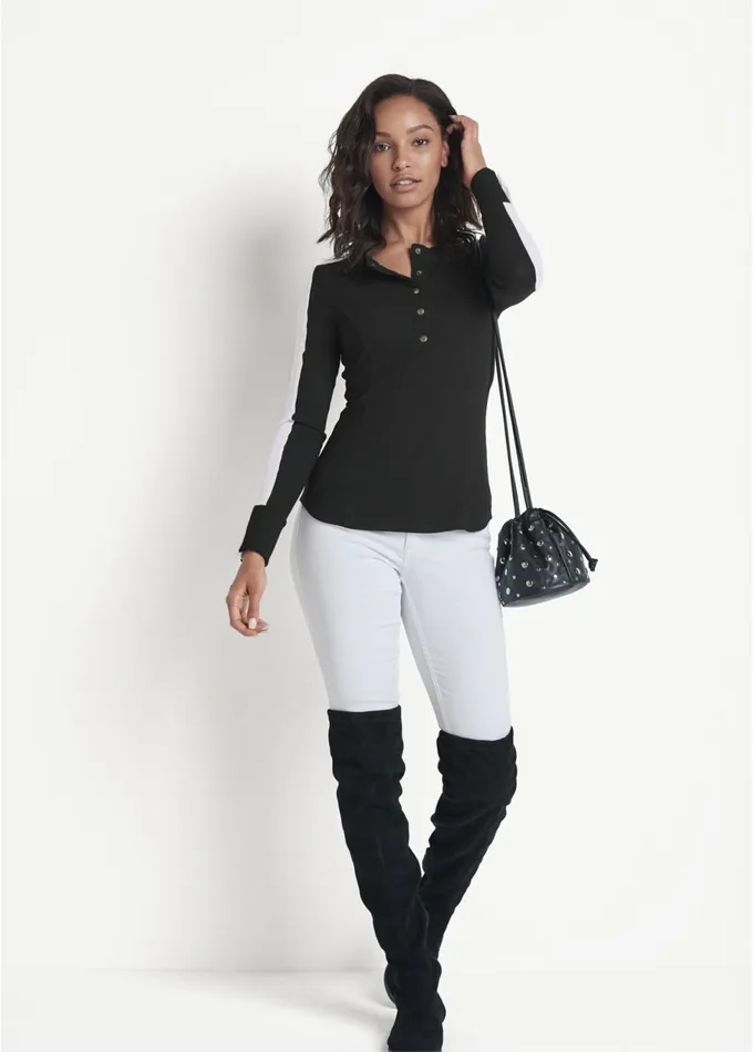 COLOR BLOCK HENLEY TOP Black and White Women VENUS Tops