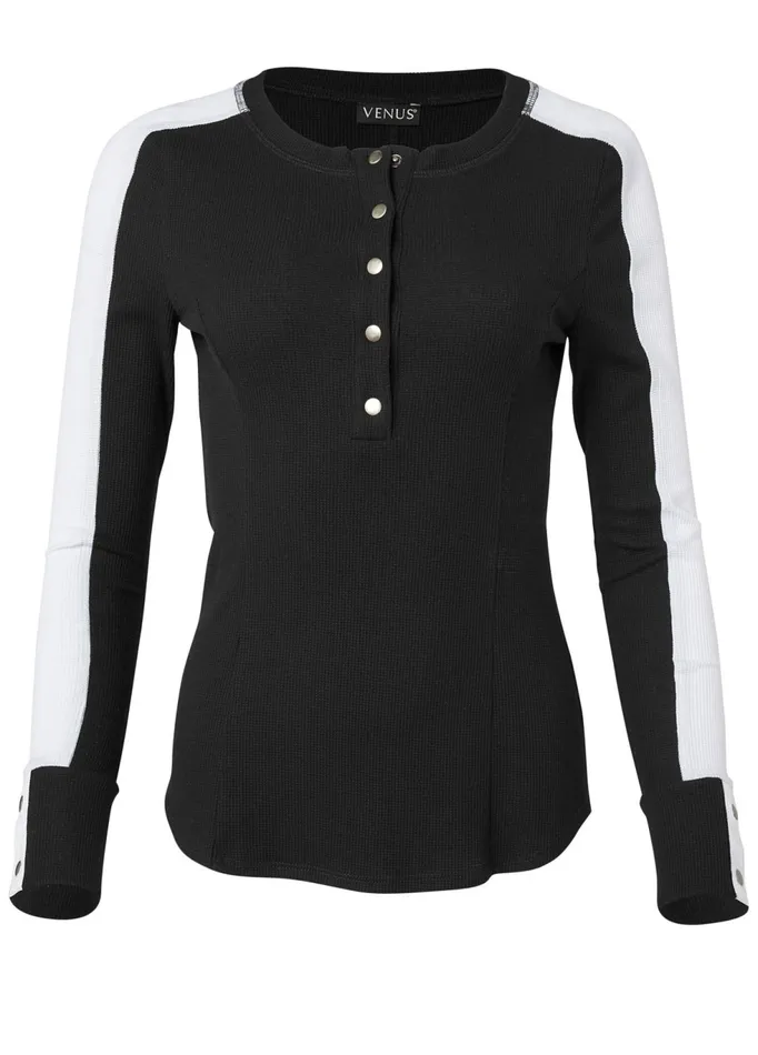 COLOR BLOCK HENLEY TOP Black and White Women VENUS Tops