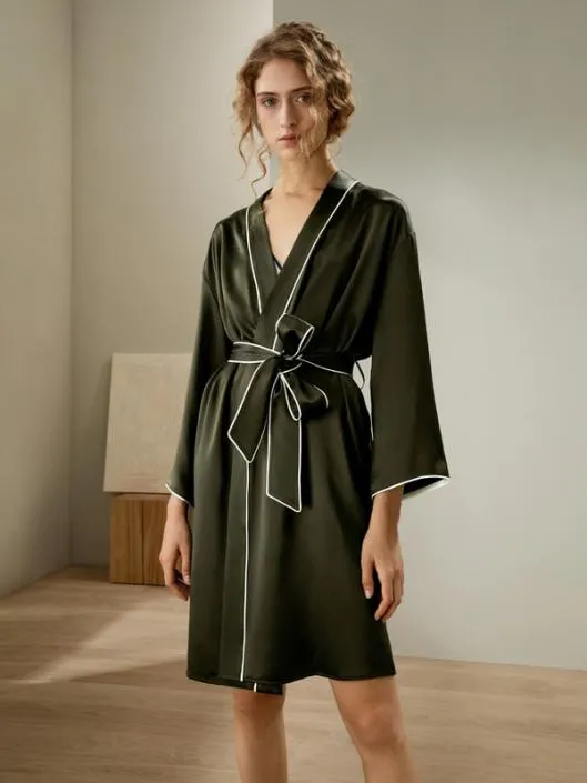 Contrast Piping Long Sleeves Night Robe Women Lilysilk Robes