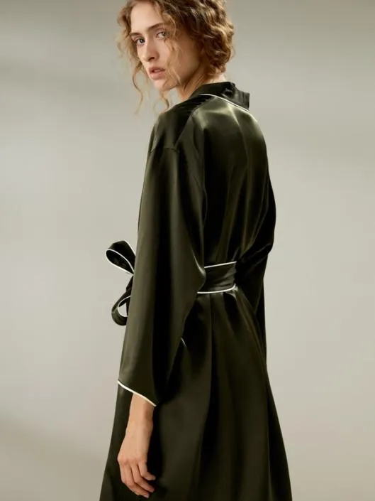 Contrast Piping Long Sleeves Night Robe Women Lilysilk Robes