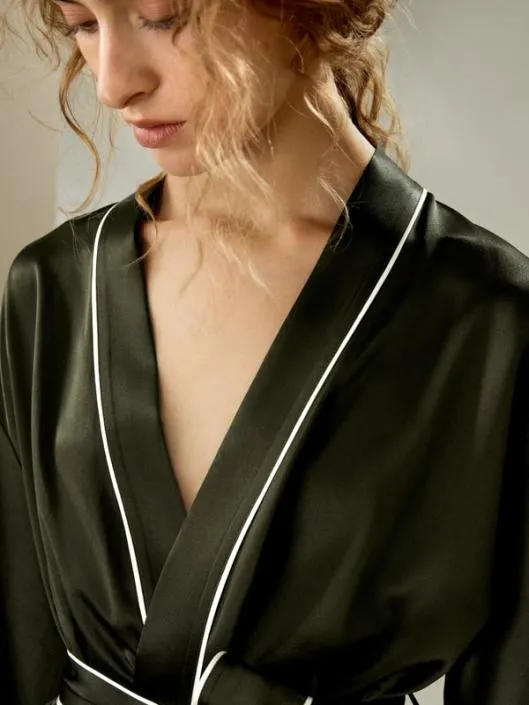 Contrast Piping Long Sleeves Night Robe Women Lilysilk Robes