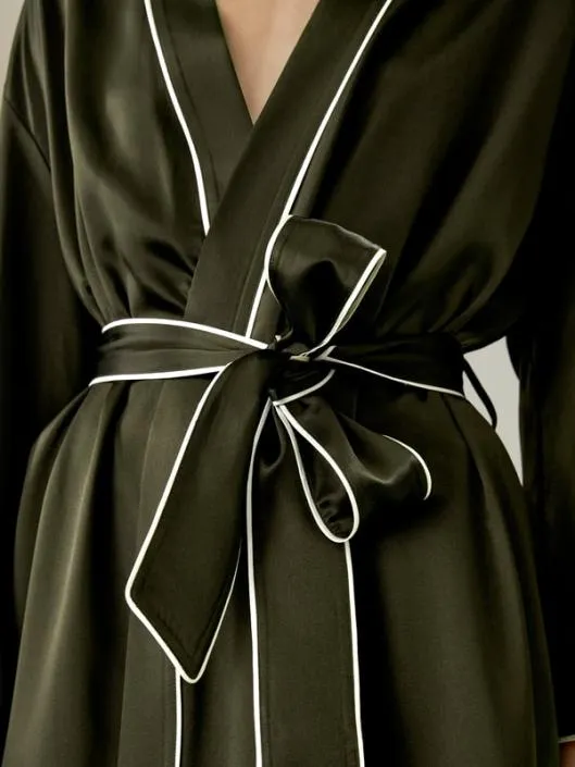 Contrast Piping Long Sleeves Night Robe Women Lilysilk Robes