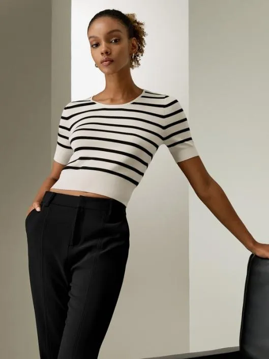 Contrasting Color Striped Silk Knit Crop Top Women Lilysilk Tops