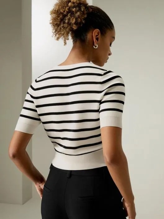 Contrasting Color Striped Silk Knit Crop Top Women Lilysilk Tops