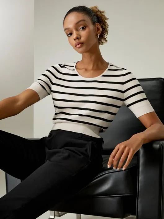 Contrasting Color Striped Silk Knit Crop Top Women Lilysilk Tops