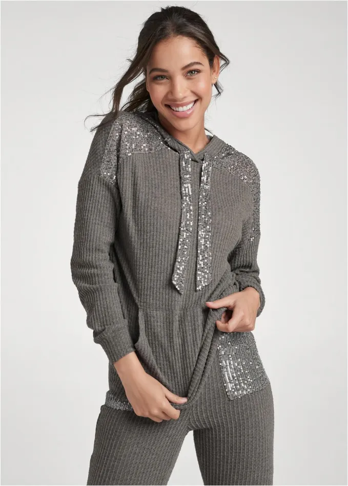 COZY SEQUIN WAFFLE HOODIE Heather Grey Women VENUS Cozy Loungewear