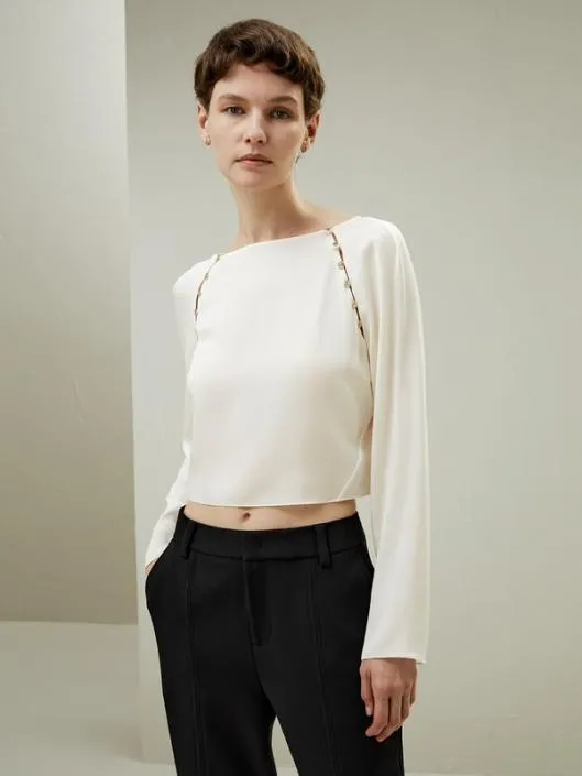 Cropped Pullover Silk Top With Button Detail Women Blouses Lilysilk Shirts