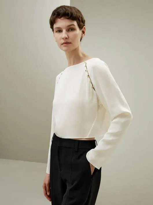 Cropped Pullover Silk Top With Button Detail Women Blouses Lilysilk Shirts