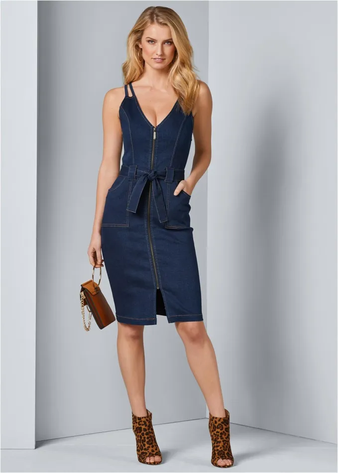 DENIM DRESS WITH ZIPPER Dark Wash Women VENUS Sundresses