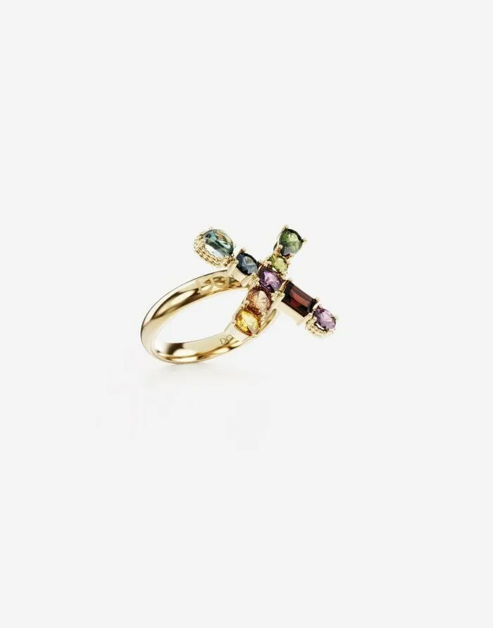 Dolce and Gabbana Alphabet Collection Women Rainbow Alphabet X Ring In Yellow Gold With Multicolor Fine Gems Gold Dolce and Gabbana Alphabet Collection Women Rainbow Alphabet X Ring In Yellow Gold With Multicolor Fine Gems Gold