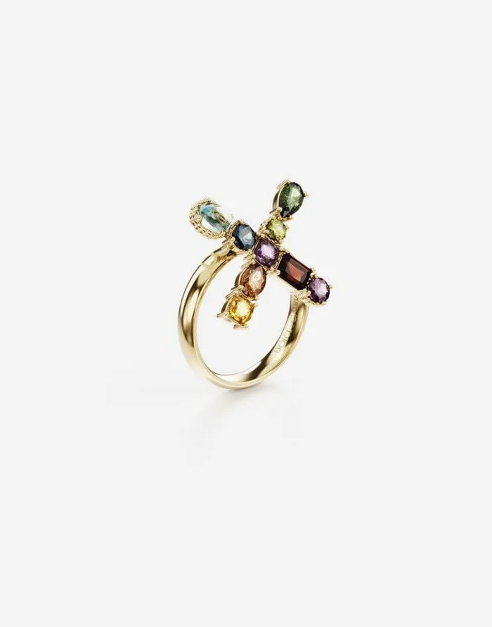 Dolce and Gabbana Alphabet Collection Women Rainbow Alphabet X Ring In Yellow Gold With Multicolor Fine Gems Gold Dolce and Gabbana Alphabet Collection Women Rainbow Alphabet X Ring In Yellow Gold With Multicolor Fine Gems Gold