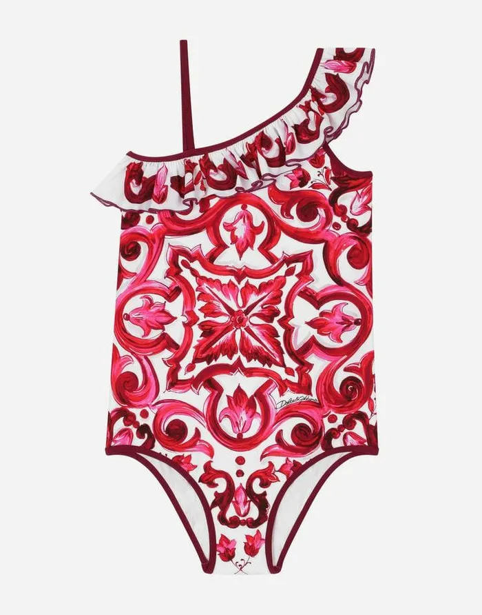 Dolce and Gabbana Beachwear Children Majolicaprint Onepiece Swimsuit With Ruched Neckline Multicolor