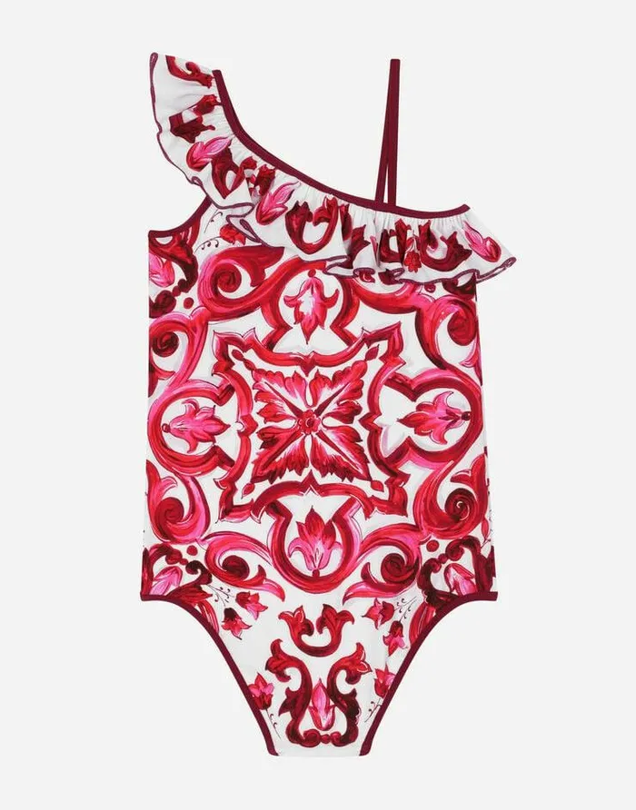 Dolce and Gabbana Beachwear Children Majolicaprint Onepiece Swimsuit With Ruched Neckline Multicolor Dolce and Gabbana Beachwear Children Majolicaprint Onepiece Swimsuit With Ruched Neckline Multicolor