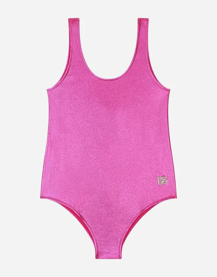 Dolce and Gabbana Beachwear Children Onepiece Swimsuit With DG Logo Pink